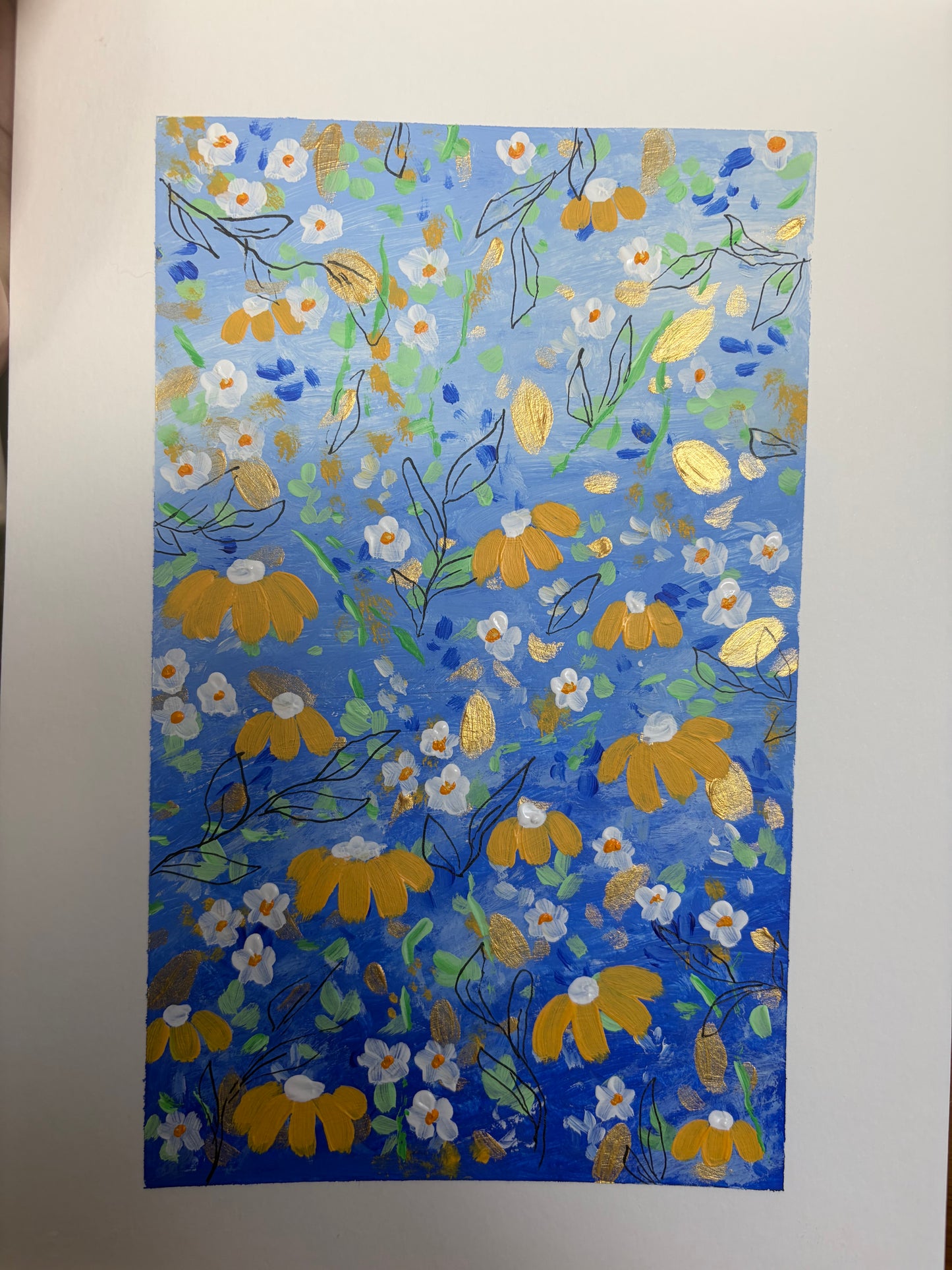A4 royal blue, mint green and ochre florals.