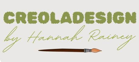 Circular logo with 'CREOLADESIGN by Hannah Rainey' text and a paintbrush on a white background